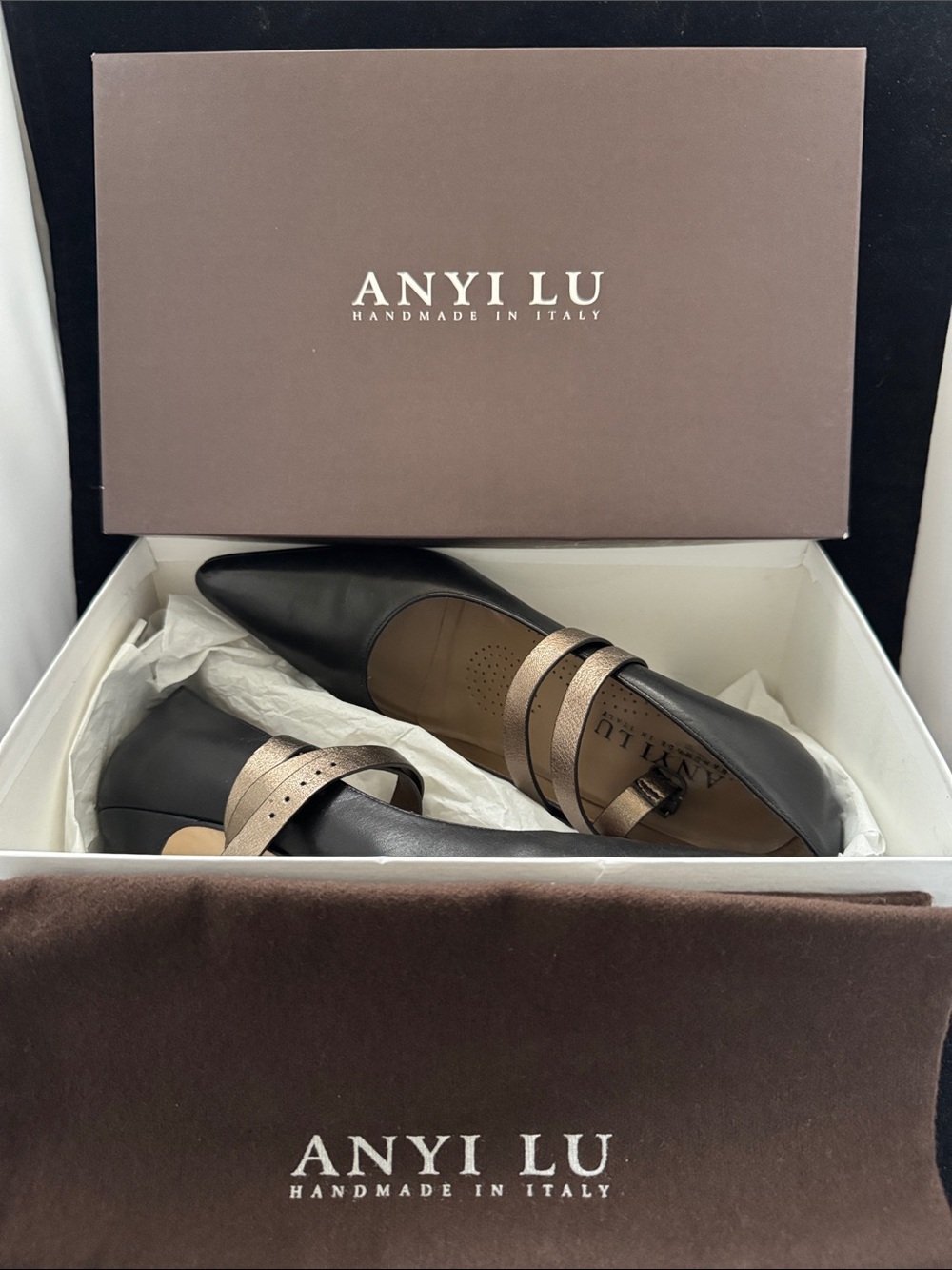 ANYI LU COUTURE Like NEW Black Leather Heels with Metallic Bronze Straps EU 39.5